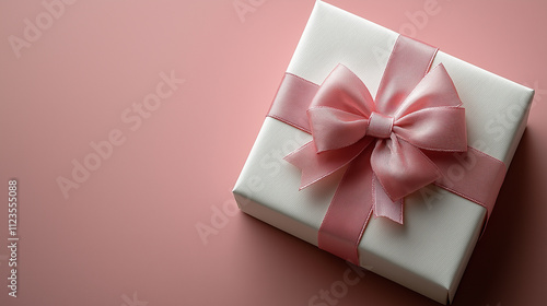 Pink and white gift box with glittery ribbon on pastel pink background, elegant and romantic presentation perfect for Valentine’s Day themes and celebrations. photo