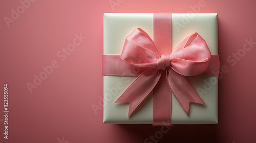 Pink and white gift box with glittery ribbon on pastel pink background, elegant and romantic presentation perfect for Valentine’s Day themes and celebrations. photo