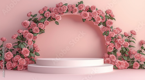 Floral pink rose arch on pastel pink background with white podium, romantic and elegant design perfect for Valentine’s Day products,  themes and celebrations. photo