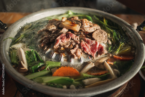 Close up of delicious Thai style pork BBQ buffet on hot pan. photo