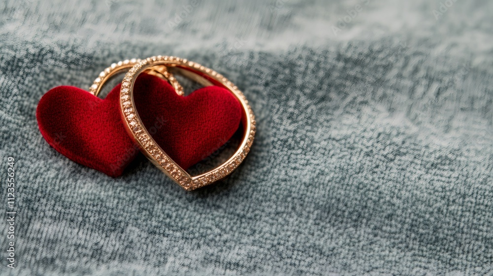 Fototapeta premium romantic jewelry design, artistic valentines day concept featuring intertwined gold and red heart-shaped rings on velvet, symbolizing eternal love