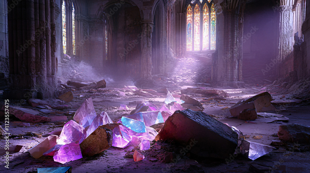 A gothic cathedral with towering ruins and shards of colored glass scattered across the dusty stone floor. A gothic cathedral with towering ruins and shards of colored glass scattered across the dusty stone floor.
