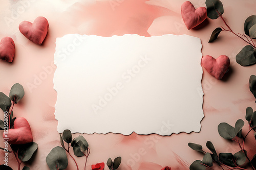 Torn paper surrounded by roses and red hearts on a painted pastel background, ideal for Valentine’s Day greeting cards and romantic themed invitations. photo