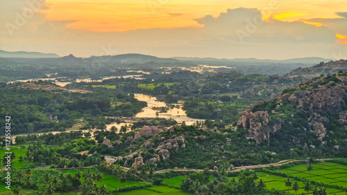 Canvas Print View of mountains and Tungabhadra river in Hampi, India