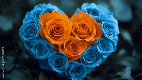 Blue and orange roses arranged in heart shapes on dark foliage background, perfect for Valentine’s Day, love celebrations, and unique romantic concepts. photo