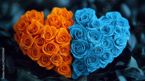 Blue and orange roses arranged in heart shapes on dark foliage background, perfect for Valentine’s Day, love celebrations, and unique romantic concepts. photo