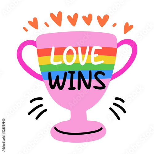 A flat sticker of pride trophy with a rainbow design and the text love wins 