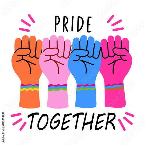 Four raised fists with rainbow bracelets and text pride together, flat sticker 