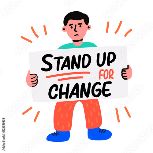 Flat sticker of queer activist holding a sign that says stand up for change