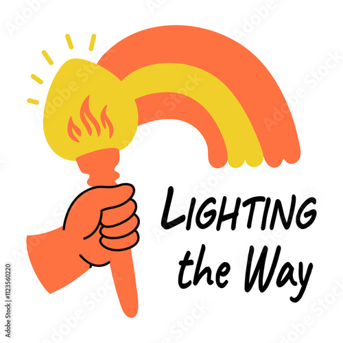 A flat sticker of hand holding torch with rainbow and text lightening the way