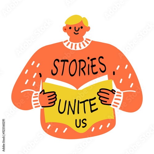 Reading character with text stories unite us, flat sticker 