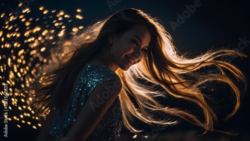 dancing smiling woman with long, flowing hair illuminated from behind, creating a dramatic effect. The background features numerous small, glowing lights.