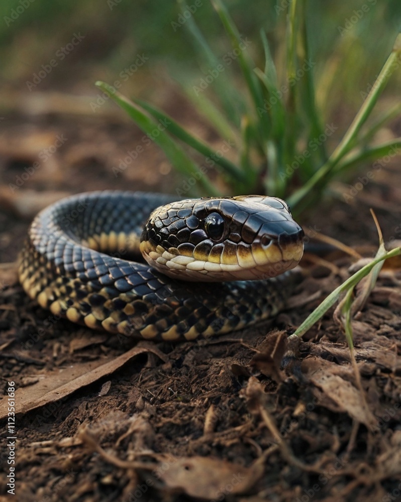 Obraz premium Baby snake resting among soft green grass, coiled gently, scales gleaming, tiny body blending with surroundings, small, yet agile, enjoying quiet moments, sun shining through lush vegetation, nature’s