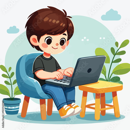 a boy is using his laptop vector