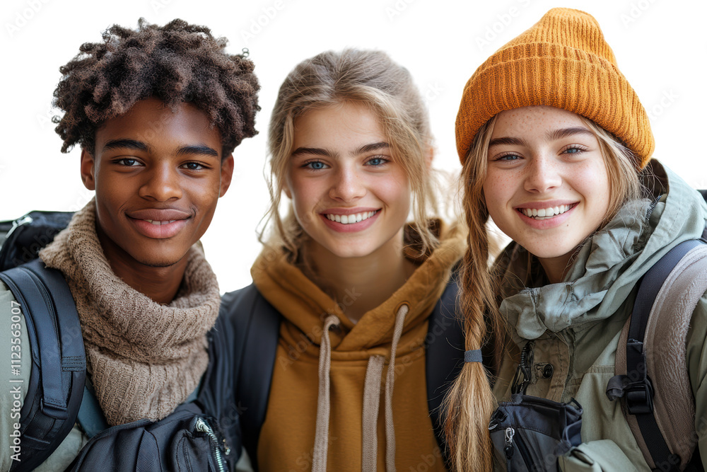 Three cheerful friends with backpacks, enjoying an outdoor adventure, smiling together against a bright background.