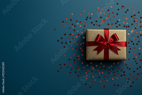 Golden glitter gift box tied with red ribbon and scattered confetti on dark teal background, perfect for Valentine’s Day celebrations and elegant gift presentations. photo