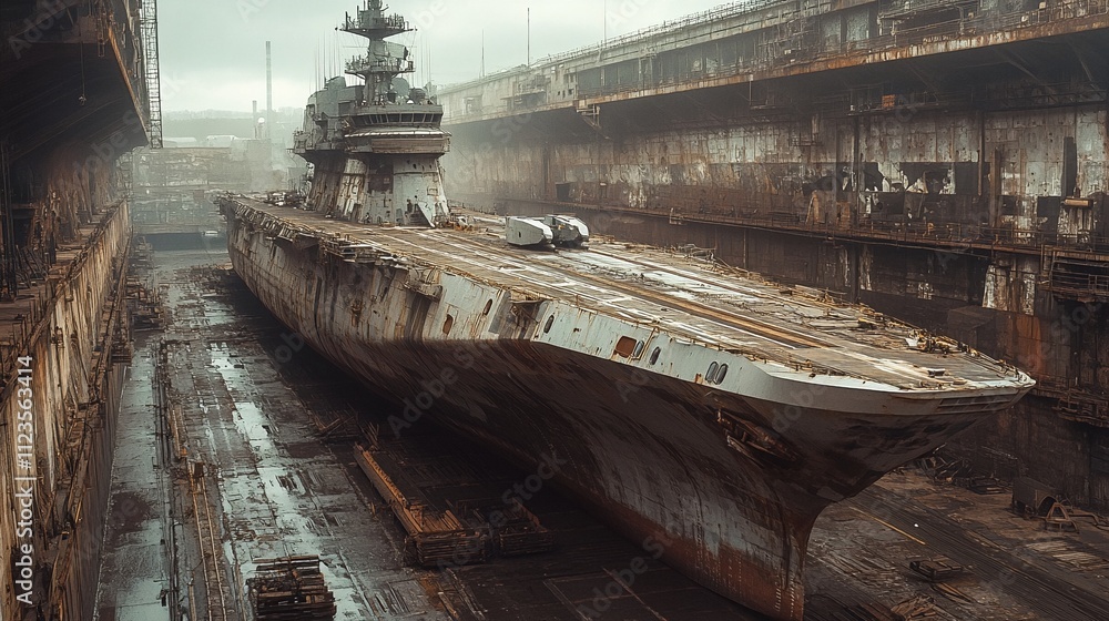 Obraz premium A side view of a naval ship in dry dock