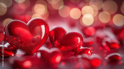 Closeup of glossy red heart-shaped glass decor among vibrant red bokeh, symbolizing love, passion, and romance for Valentine’s Day themed presentations. photo