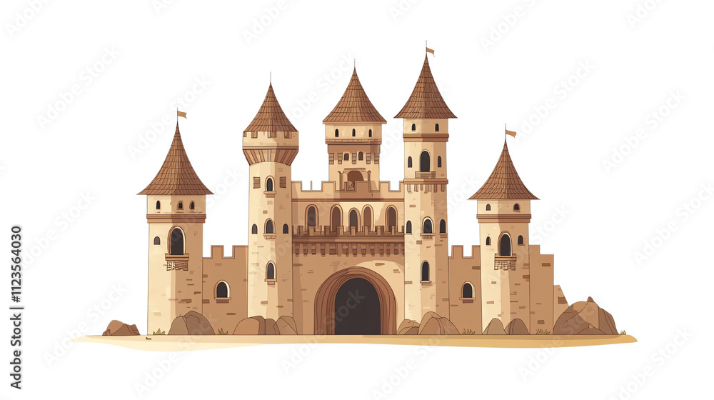 Fototapeta premium Fairytale castle illustration on a white isolated background.