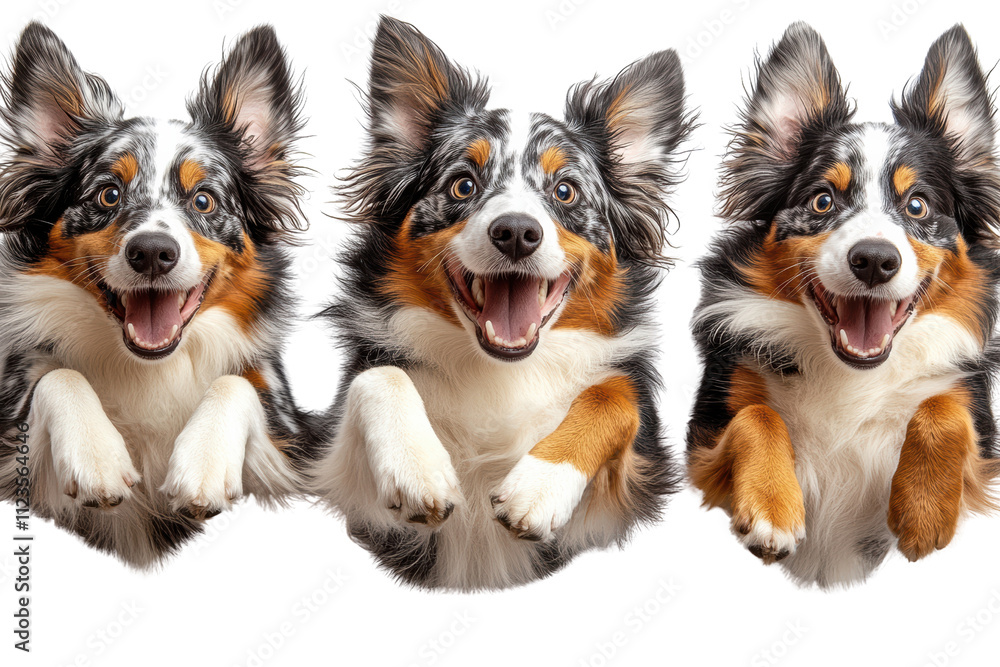 Three joyful dogs jumping with excitement, showcasing their playful nature and vibrant expressions, isolated on a white background. Three joyful dogs jumping with excitement, showcasing their playful nature and vibrant expressions, isolated on a white background.
