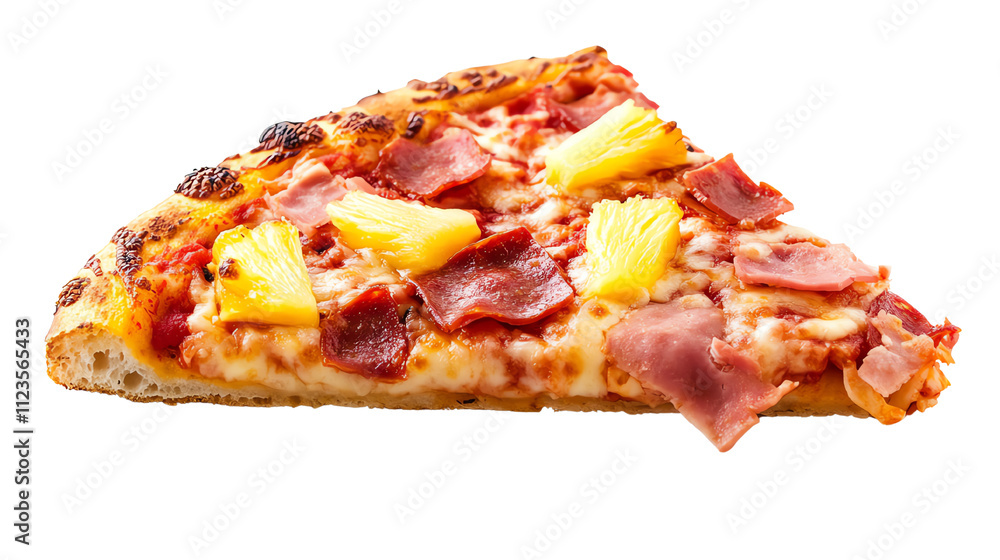 Slice of pizza topped with ham and pineapple on a white isolated background. Slice of pizza topped with ham and pineapple on a white isolated background.