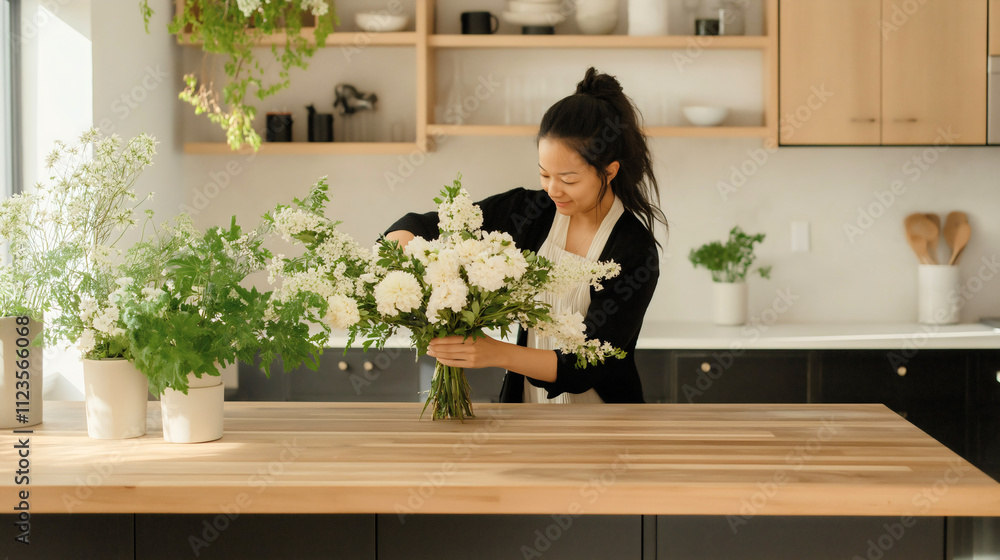Woman Arranging a Fresh Bouquet of Flowers in a Cozy Kitchen, Surrounded by Natural Light, Rustic Decor, and Seasonal Blooms, Creating a Peaceful, Creative Space with Summer Vibes Woman Arranging a Fresh Bouquet of Flowers in a Cozy Kitchen, Surrounded by Natural Light, Rustic Decor, and Seasonal Blooms, Creating a Peaceful, Creative Space with Summer Vibes
