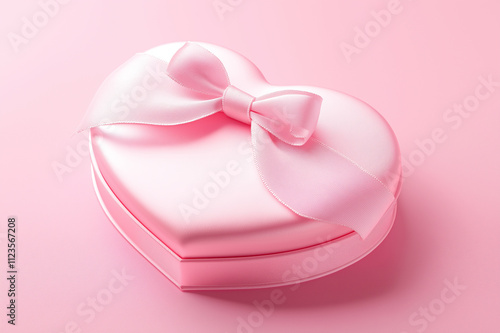 Soft pink satin heart-shaped gift box with matching ribbon, elegant and luxurious design for Valentine’s Day and romantic gifting occasions. photo