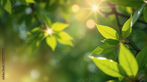 Bright green leaves reflecting sunlight in a forest during a warm afternoon
