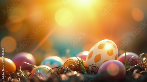 Colorful Easter eggs nestled in grass during a bright sunrise celebrating spr...