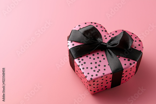 Pink heart-shaped gift box with black bow on pastel background, stylish and modern design perfect for Valentine’s Day and romantic gifting ideas. photo