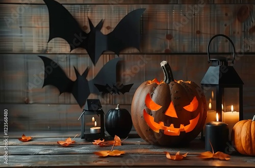  Halloween pumpkins and candles on a wooden background with copy space, a Halloween concept with spooky design elements. Black paper cutouts of bats create a spooky atmosphere photo