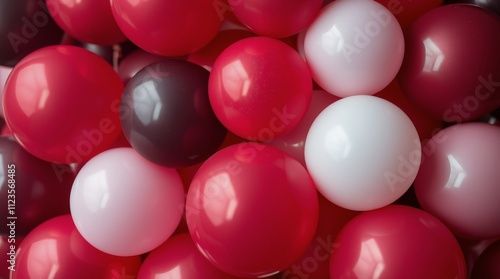 Colorful assortment of round balls in various shades of red and white for cel...