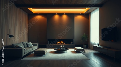 Modern living room with warm lighting and cozy furnishings in a serene setting