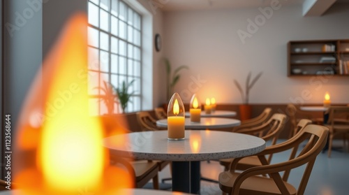 Cozy and inviting cafe with soft lighting and minimalist decor for relaxation...