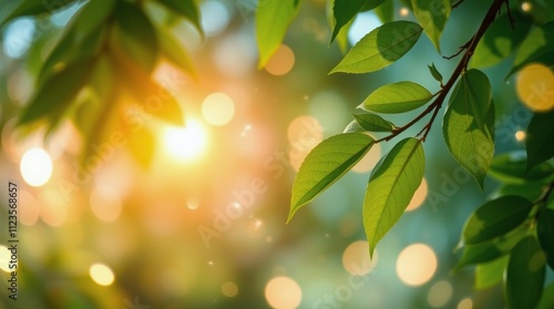 Bright sunlight filters through fresh green leaves in a serene outdoor setting