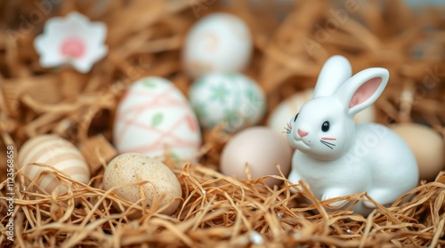 Delicate white rabbit beside decorative Easter eggs in a nest of straw