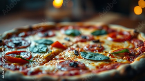 Freshly baked pizza topped with basil and vegetables served on a wooden table
