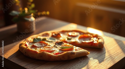 Delicious pizza with fresh toppings resting on a wooden board in warm sunlight