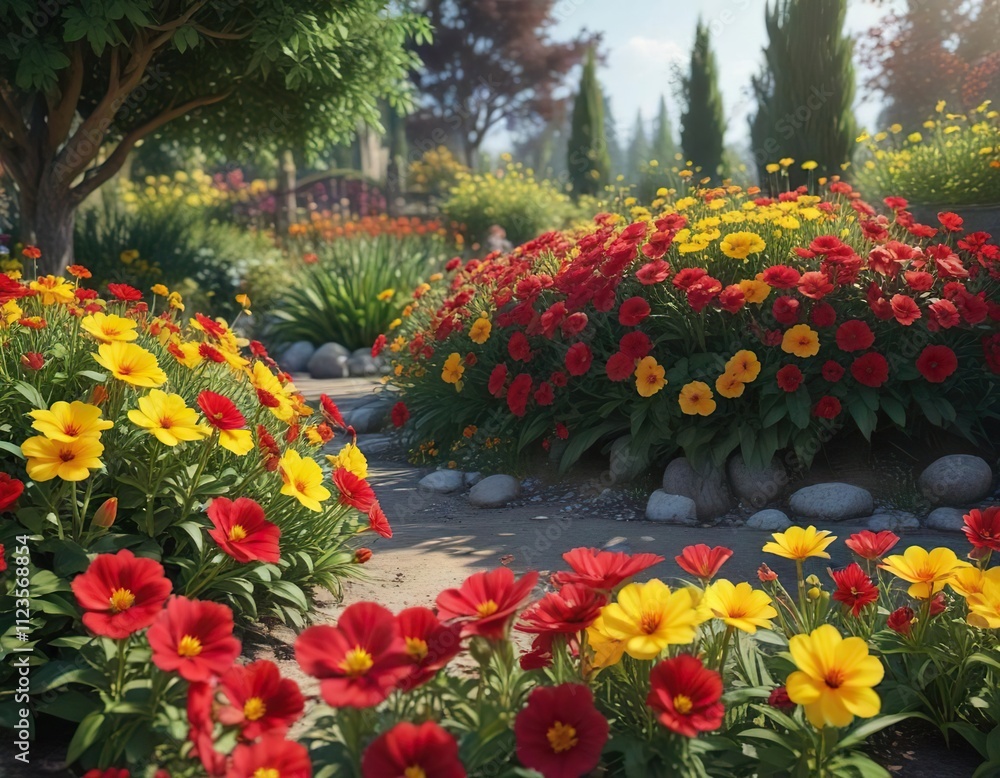 Crimson and yellow flower blooms in a garden landscape, colors, blooming, outdoor Crimson and yellow flower blooms in a garden landscape, colors, blooming, outdoor