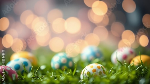 Colorful Easter eggs scattered in grass with soft glowing background lights d...