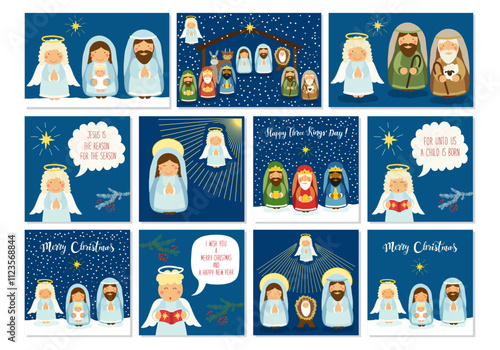 Set of Nativity scene theme cards with cute hand drawn characters