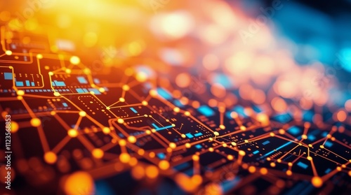 Vibrant circuit board design illuminated in warm colors showcasing technology...