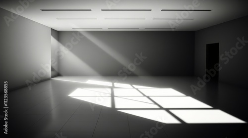 Modern empty room with dramatic light and shadow effects illuminated by window