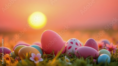 Colorful eggs on grass during sunset in a spring field with flowers