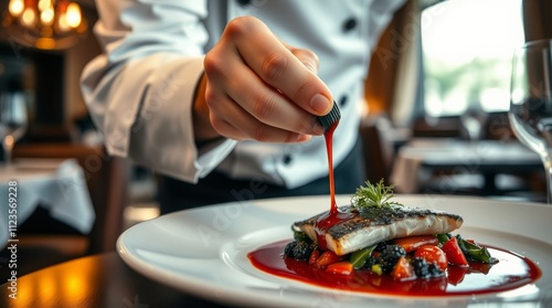 Chef adds sauce to a beautifully plated fish dish in an upscale restaurant in...