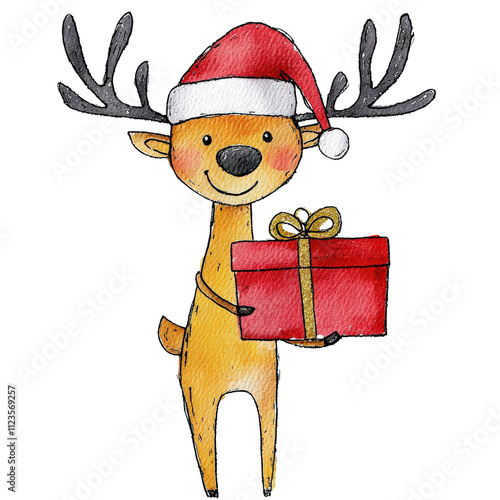 Dibujo infantil hecho por niños de un adorable reno naranja con gorro de papa Noel, que sostiende con sus patas una caja de regalo roja con lazo dorado photo