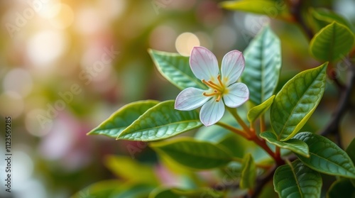 Beautiful white flower blooming among green leaves in a soft morning light