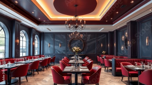 Elegant dining area with modern decor and red seating in upscale restaurant s...
