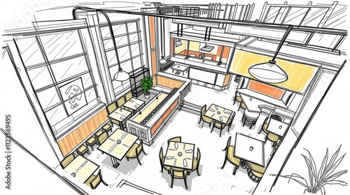 Restaurant interior design concept featuring seating arrangement and open kit...