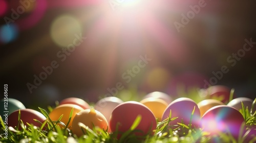 Colorful Easter eggs arranged on green grass with sunlight shining in the bac...